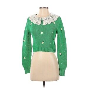 ZARA Green Embroidered Floral Crochet Collar Knit Sweater - S